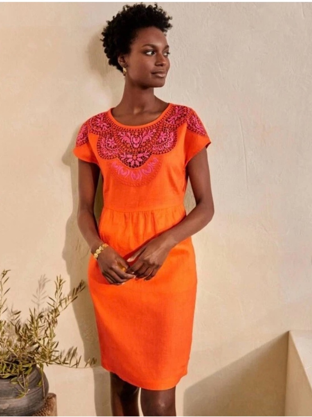 Boden Orange Cap-Sleeve Dress with Pink Embroidery 100% linen